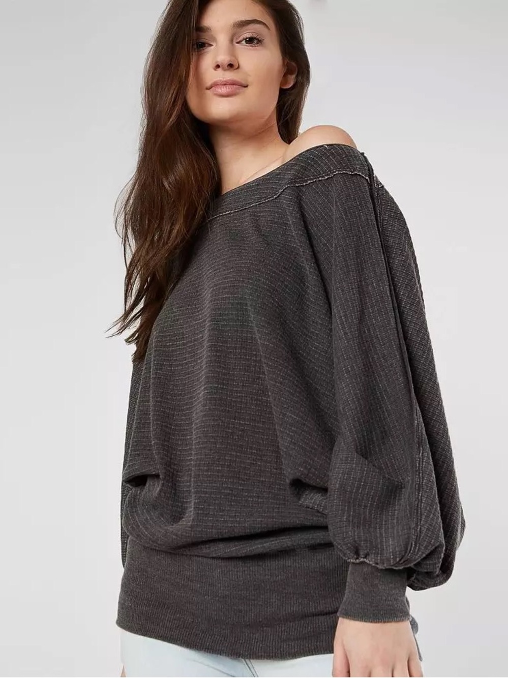 Free People We The Free Gray Mineral Wash Thermal Banded Waffle Knit Top Large